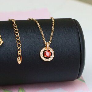 "Rose Gold Circle Pendant Necklace with Red Center Stone Accent, XPNL1881